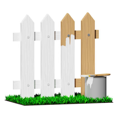 Garden fence. Garden care, old fence restoration. Painted white with a brush. Thick lawn.の写真素材