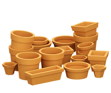Clay flowerpot. 3D rendering, isolate. A beautiful image of a set of different miners, in different shapes and sizes.の写真素材