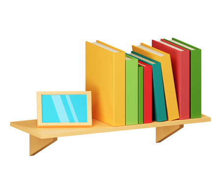 Shelf with books. Wooden shelf with colorful books and photo frame. Room interior design.の写真素材