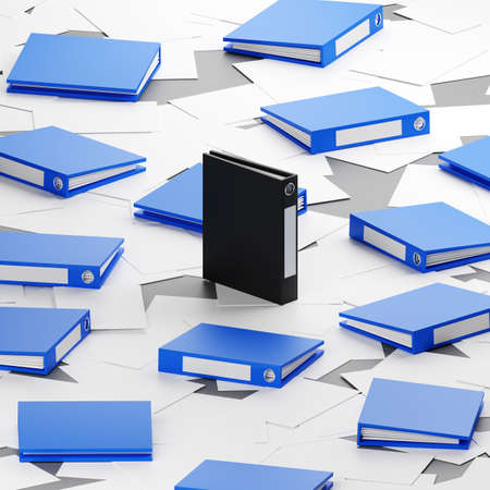Black folder. An important folder with files and documents stands among other documents. Sort work by color. Deadline.の写真素材