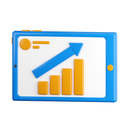 3d icon. Tablet icon with infographics on the display. Financial manager tablet, doing business online. 3d render, cartoon style illustration. Transparent background, isolation.の写真素材
