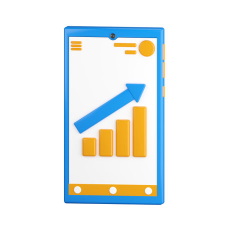 3d icon. Mobile phone icon with infographics on display. Phone of the financial manager, doing business online. 3d render, cartoon style illustration. Transparent background, isolation.の写真素材