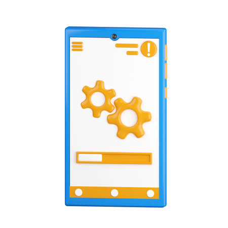 3d icon. Mobile phone icon with file upload. Opening files, unpacking from a folder. Loading phone, spinning gears. 3d render, cartoon style illustration. Transparent background, isolation.の写真素材
