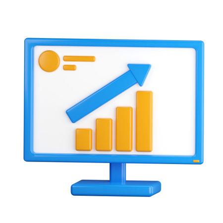 3d icon. Computer icon with infographics on display. Financial manager computer monitor, doing business on the internet. 3D rendering, cartoon style illustration. Transparent background, isolation.の写真素材