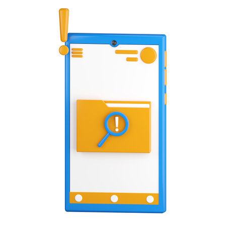 3d icon. Mobile phone icon with file search on display. Finding information in files. Catalog information filter. 3D rendering, cartoon style illustration. Transparent background, isolation.の写真素材