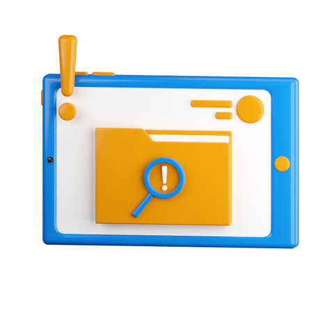 3d icon. Tablet icon with file search on the display. Finding information in files. Catalog information filter. 3d render, cartoon style illustration. Transparent background, isolation.の写真素材