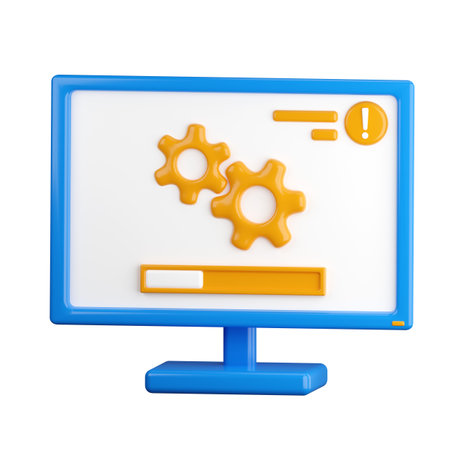 3d icon. Computer monitor icon with download information. Firmware update. Computer loading, gears turning. 3D rendering, cartoon style illustration. Transparent background, isolation.の写真素材