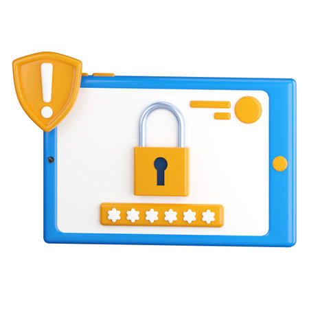 3d icon. Tablet icon with a lock on the display. Protection of personal data. Hide secret files. Locking the device, entering a password. 3d render, cartoon style illustration.の写真素材