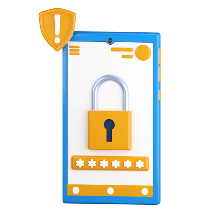 3d icon. Mobile phone icon with a lock on the display. protection of personal information. Hide secret files. Device lock, password entry. 3D rendering, cartoon style illustration.の写真素材