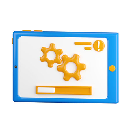 3d icon. Tablet icon with downloading information. Updating the internal software. Tablet loading, spinning gears. 3d render, cartoon style illustration. Transparent background, isolation.の写真素材