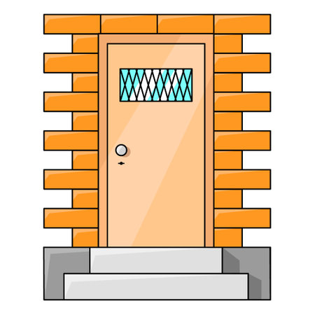 Door. Minimalistic icon in cartoon style. Vector flat illustration of a door with a window in a brick house.のイラスト素材