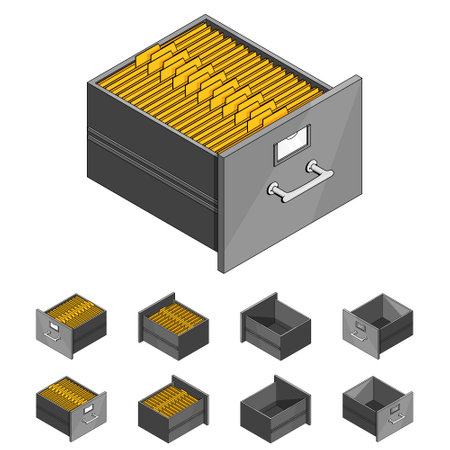 Large isometric set of drawers with documents. Isometric iron drawer.のイラスト素材