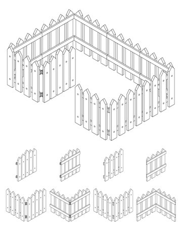 Cartoon isometric fence line. Set of wooden fence for games. 3d set in isometric projection.のイラスト素材