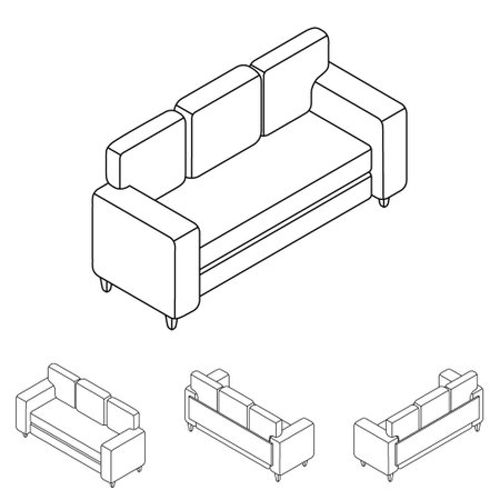 Line set of sofas in isometry. New sofa in different angles in isometric projection.のイラスト素材