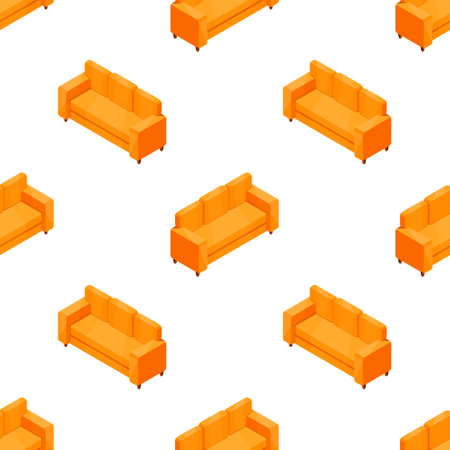 Cartoon seamless patternof sofas in isometry . New sofa in different angles in isometric projection.のイラスト素材