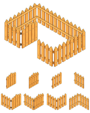 Cartoon isometric fence. Set of wooden fence for games. 3d set in isometric projection.のイラスト素材