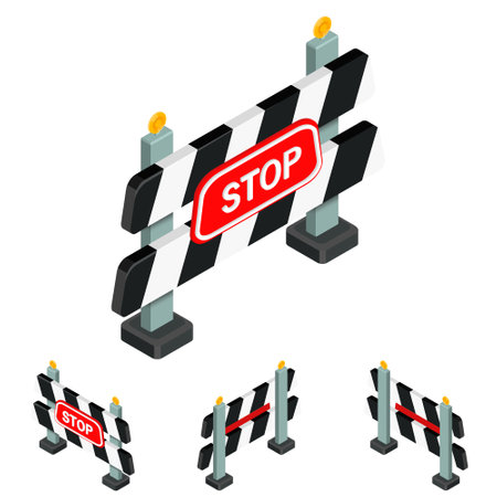 Stop sign isometry. Illustration of the appearance of a barrier with a stop sign.のイラスト素材