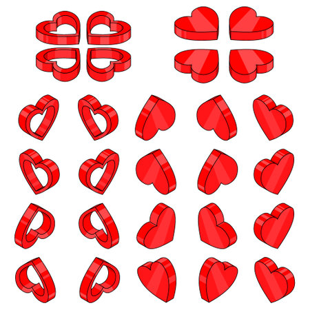 Heart. Big set of vector elements. A set of hearts for lovers. Isometric hearts in different angles. Vector game illustration in cartoon style. Whole and broken heart.のイラスト素材