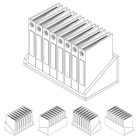 Isometric shelf with folders line. Office shelf with documents and files in isometry. The interior of the office. Sorting important documents. Vector illustration in cartoon style, isolated.のイラスト素材