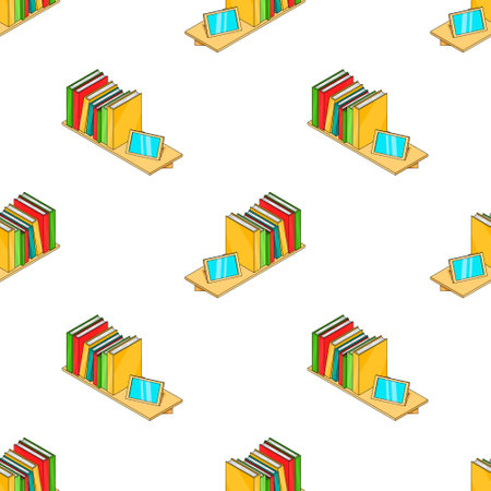Bookshelf seamless pattern. A large set of vector images in isometric. Wooden shelf with books and photo frame. Kit for games from different angles. Vector illustration in cartoon style.のイラスト素材