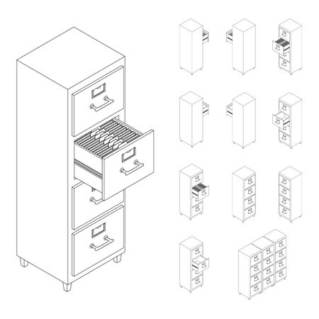 Line large isometric set of drawers with documents. Isometric iron drawer from an old cabinet with secret documents. Saving data on paper. Vector illustration in cartoon style. Office furniture.のイラスト素材