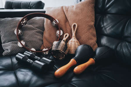 percussion instruments (tambourine, shaker, maracas & caxixi) on a leather couch with pillowsの写真素材