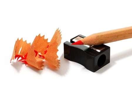 Sharp pencil with a steel and chips on the white backgroundの写真素材