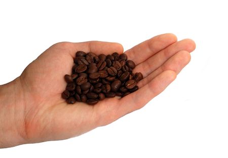 Hollow of the coffe beans in the hand on the white background                               の写真素材