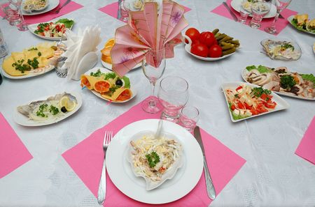 Decorated ceremonial board with appetizersの写真素材