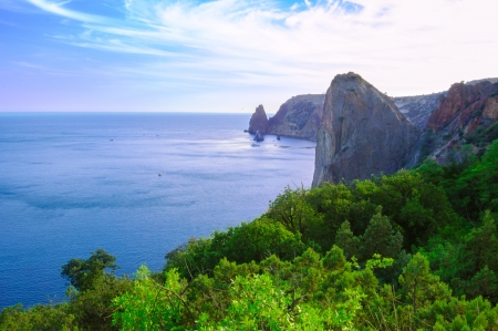 Beautiful Sea Rocky Coast with Green Forest  Crimea, Ukraineの写真素材
