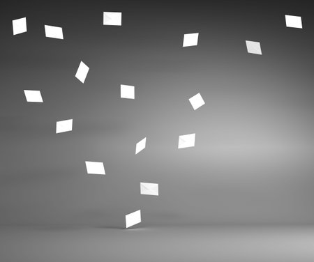 Lot of White Mail Envelops Flying in the Air in the Gray Roomの写真素材