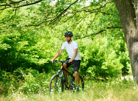 Cyclist Riding the Bike on the Trail in the Beautiful Summer Forestの写真素材