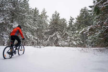 Cyclist in Red Riding the Mountain Bike in the Beautiful Winter Forest. Extreme Sport and Enduro Biking Concept.の写真素材