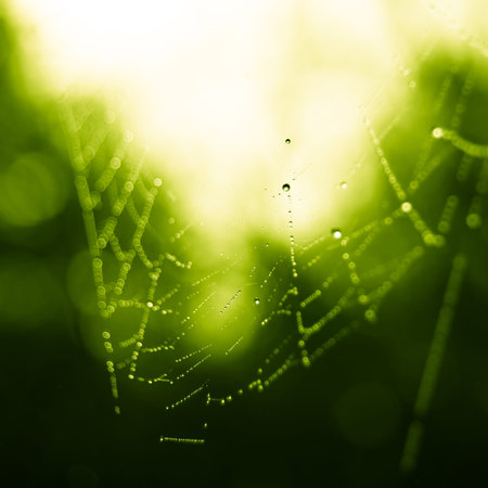 Spiderweb with Dew Drops in the Sunny Morning Forest. Close up photo of Cobweb.