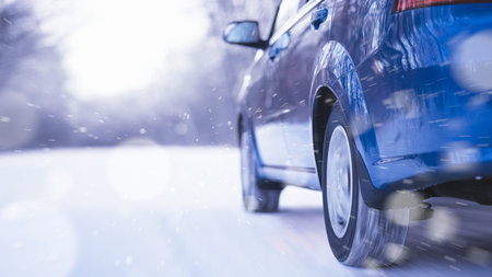Blue Car Moving Fast on the Winter Snowy Road. Safe Driving Concept.の写真素材