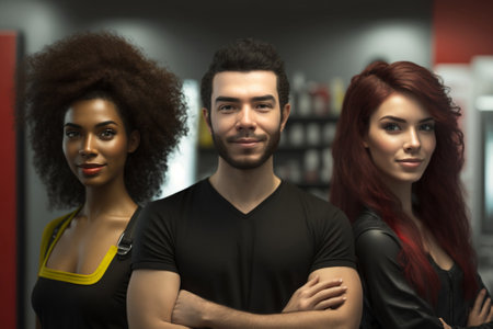 Photograph of hair salon or clothing store employees in black uniform with crossed arms looking at camera. Image generated by AI from a photo of the author.の素材
