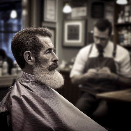 Image of an older man with a full beard ready for his shave while in the background the barber prepares the razor blade. Image generated by AI from a photo of the photographerの素材