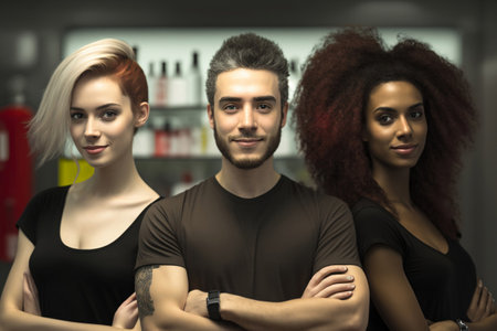 Photograph of hair salon or clothing store employees in black uniform with crossed arms looking at camera. Image generated by AI from a photo of the author.の素材