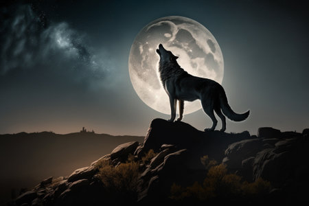 A wolf howling at the moon with the milky way in the background. Image created by artificial intelligence AI.の素材