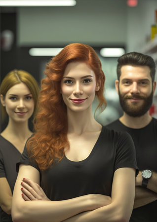 Photograph of hair salon or clothing store employees in black uniform with crossed arms looking at camera. Image generated by AI from a photo of the author.の素材