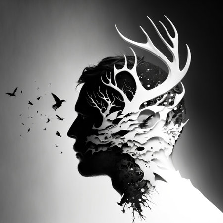 man and nature. AI generated image simulating double exposure of human profile and horns of fantasy and birdsの素材