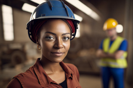 An Afro woman poses in a work environment, AI generative image using a photo by the author.の素材