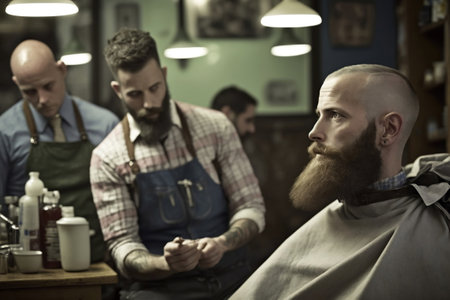 Image bald man with a full beard ready for his shave while in the background the barber prepares the razor blade. Image generated by AI from a photo of the photographerの素材