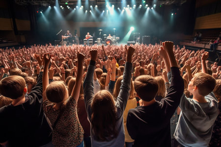 a children's concert full of children seen from behind who raise their hands contently. AI generated imageの素材