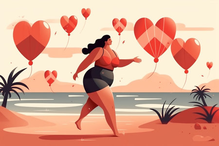 AI-generated illustration of obese woman walking on the beach with heart-shaped balloonsの素材