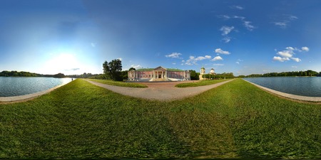 360Â° panoramic view of Kuskovo Estate. The Palace of Kuskovo at foreground. Church of the Merciful Saviour in Kuskovo at background. Kuskovo Estate, Moscow, Russia.のeditorial素材
