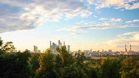City skyline with a few skyscrapers of the business district at sunsetの写真素材