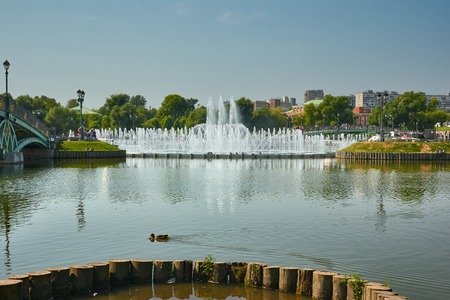 City Park on a sunny summer day. Pond in the foreground and fountain in the backgroundの写真素材