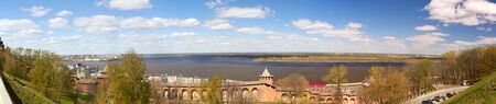 Panoramic view of confluence of the Oka river to the Volga river from the territory of Nizhny Novgorod Kremlin. Nizhny Novgorod, Nizhny Novgorod Oblast, Russia.の写真素材