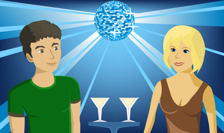 Boy and girl in the night club with glasses on the background of glowing disco ballのイラスト素材